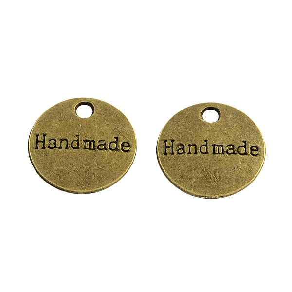 PandaHall Tibetan Style Alloy Charms, Flat Round with Word Handmade, Cadmium Free & Nickel Free & Lead Free, Antique Bronze, 14x1.5mm, Hole...