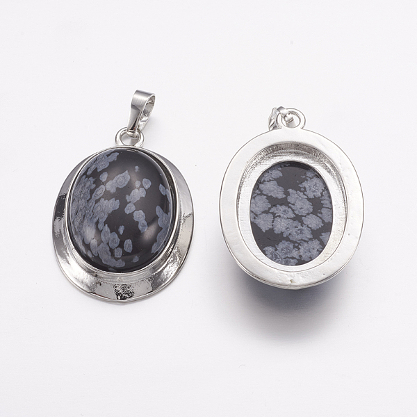 PandaHall Natural Snowflake Obsidian Pendants, with Platinum Tone Alloy Findings, Oval, 37x25x10mm, Hole: 4x8mm Snowflake Obsidian Oval