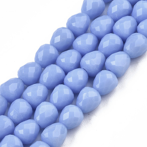 PandaHall Opaque Solid Color Glass Beads Strands, Faceted, Teardrop, Cornflower Blue, 4.5~5x4x4mm, Hole: 1mm, about 97~101pcs/strand...
