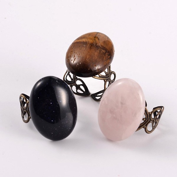 PandaHall Antique Bronze Plated Mixed Adjustable Brass Gemstone Cuff Rings, Open Rings, 19mm Mixed Stone