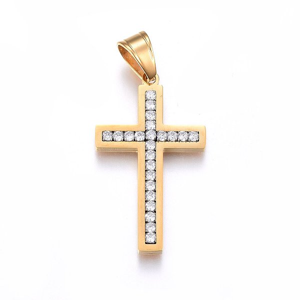 PandaHall 304 Stainless Steel Pendants, with Cubic Zirconia, Cross, Clear, Golden, 38x22x3mm, Hole: 5x7mm Stainless Steel+Cubic Zirconia...