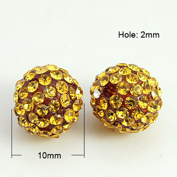PandaHall Resin Rhinestone Beads, Grade A, Round, Topaz, 10mm, Hole: 2mm Resin+Rhinestone Round