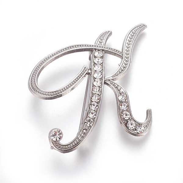 PandaHall Alloy Brooches, with Rhinestone, Letter, Letter.K, Platinum, 48x43x4mm, Pin: 1mm Alloy+Rhinestone