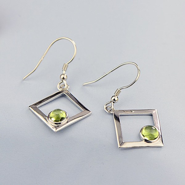 PandaHall 925 Sterling Silver Dangle Earrings, with Natural Peridot, Rhombus with Round, Silver Sterling Silver