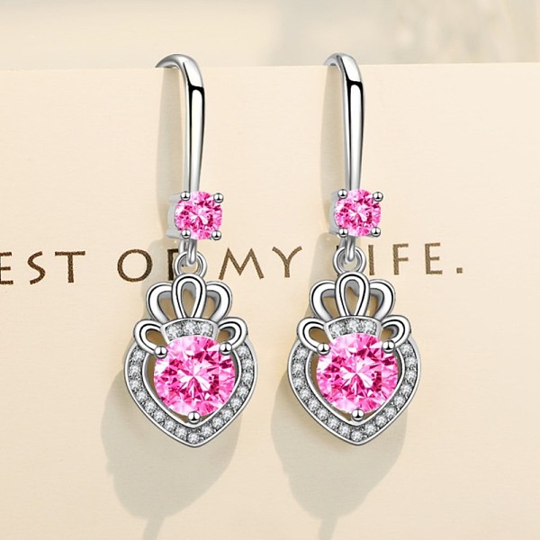 PandaHall Brass Cubic Zirconia Dangle Earrings, with Earring Hooks, Heart with Crown, Pink, Platinum Brass Pink