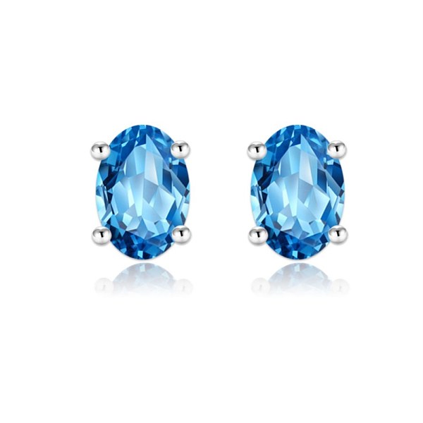 PandaHall 925 Sterling Silver Stud Earrings, with Cubic Zirconia, Oval, Deep Sky Blue, Silver Sterling Silver