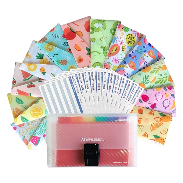 PandaHall Reusable Plastic Budget Envelopes for Cash Savings, with Budget Sheets, Label Stickers and Organizer Wallet, Mixed Color, Fruit...