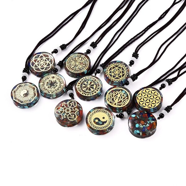 PandaHall Orgonite Chakra Necklaces, Pendant Necklaces, with Natural Gemstone Chip, Nylon Thread, Brass Findings, Flat Round, 25.9''...