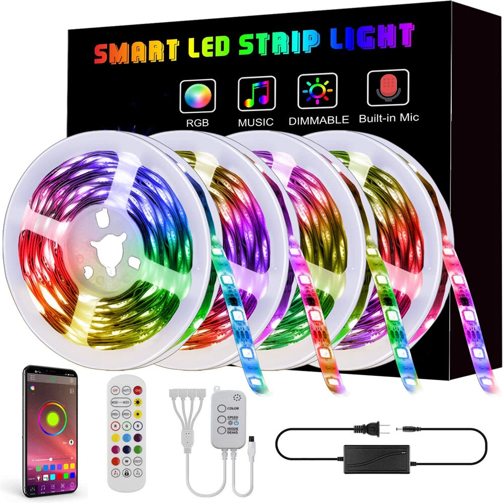 65.6FT 10M/15M/20M 5050 Smart LED Strip Light Non-waterproof RGB Rope Lamp with bluetooth Music Controller+Remote Contro