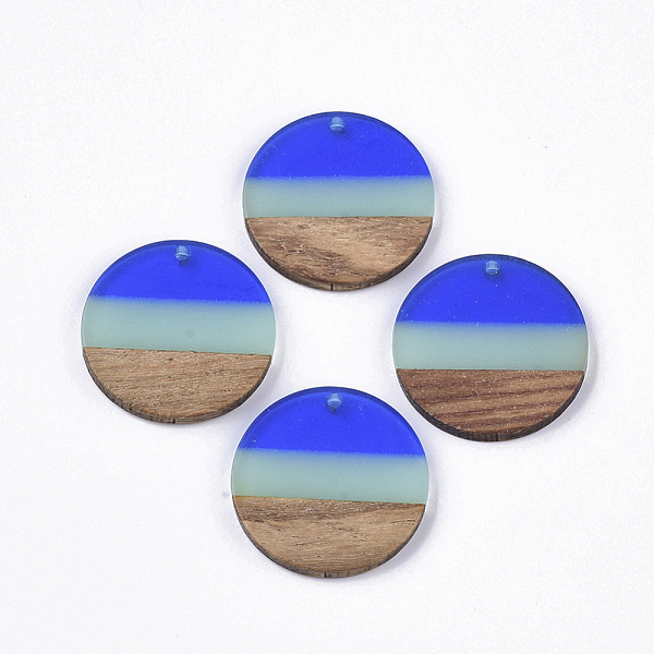 PandaHall Two Tone Transparent Resin & Walnut Wood Pendants, Flat Round, Blue, 28x3.5mm, Hole: 2mm Resin+Wood Flat Round Blue