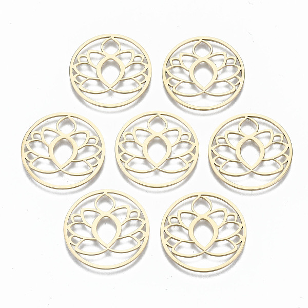 PandaHall 304 Stainless Steel Filigree Joiners Links, Laser Cut, Lotus, Real 14K Gold Plated, 25.5x1mm 304 Stainless Steel Flower