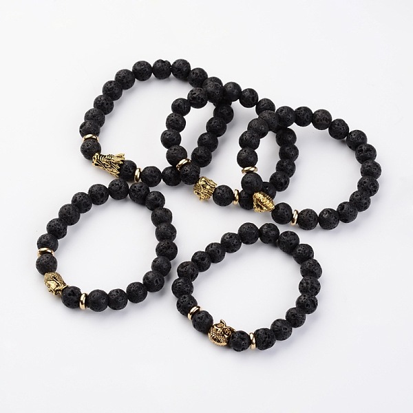 PandaHall Natural Lava Rock Stone Stretch Bracelets with Tibetan Style Mix Shapes Alloy Beads, Antique Golden, 55mm Lava Rock