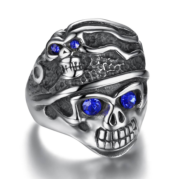 PandaHall Rhinestone Skull Finger Ring, Antique Silver Plated 316L Surgical Steel Gothic Punk Jewelry for Men Women, Sapphire, US Size 8...