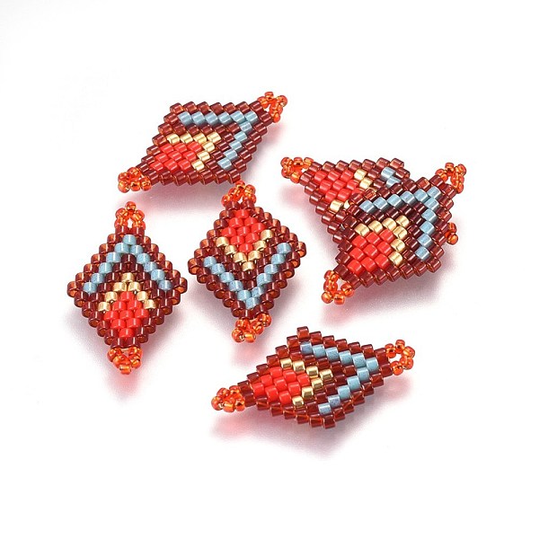 PandaHall MIYUKI & TOHO Handmade Japanese Seed Beads Links, Loom Pattern, Rhombus, Red, 23~24x13~14x1.7mm, Hole: 1.5mm Glass Rhombus Red