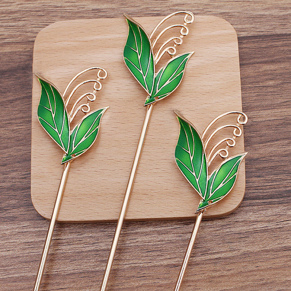 PandaHall 4 Loop Iron Hair Stick Finding, with Alloy Enamel Leaf, Light Gold, for Dagling Hairpin, Hairstick with Taseel Making, Lime Green...