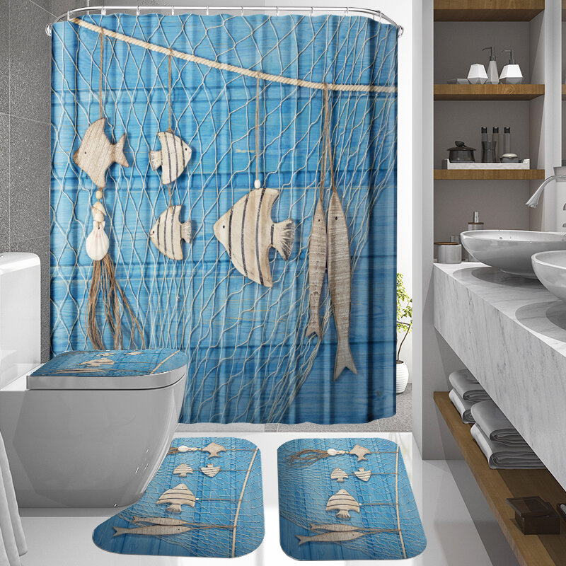 Ocean Style Waterproof Shower Curtain Hanging Shell Fish Decorative Bathroom Shower Curtain Toilet Cover Mat Non-Slip Ru