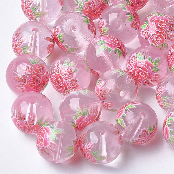 PandaHall Printed & Spray Painted Transparent Glass Beads, Round with Flower Pattern, Pink, 8~8.5x7.5mm, Hole: 1.4mm Glass Round Pink