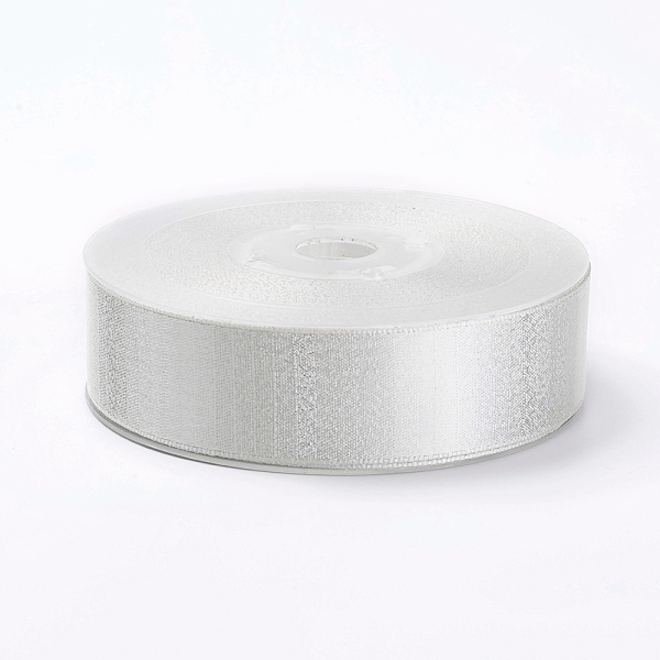 PandaHall Double Face Polyester Satin Ribbon, with Metallic Silver Color, White, 3/8 inch(9mm) Polyester White