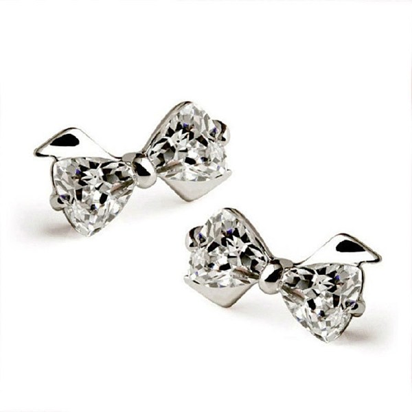 PandaHall Brass Stud Earrings, with Cubic Zirconia, Bowknot, Clear, Platinum Brass Bowknot Clear