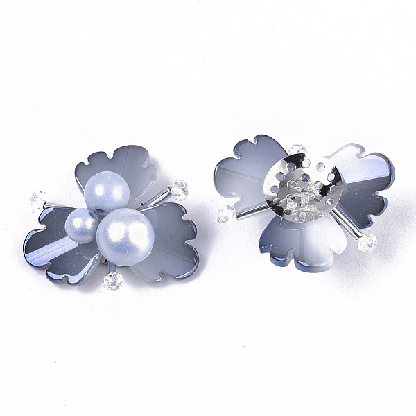PandaHall Glass Cabochons, with Acrylic and Platinum Plated Iron Perforated Disc Settings, Flower, Light Steel Blue, 27~30x29~31x14mm Glass...