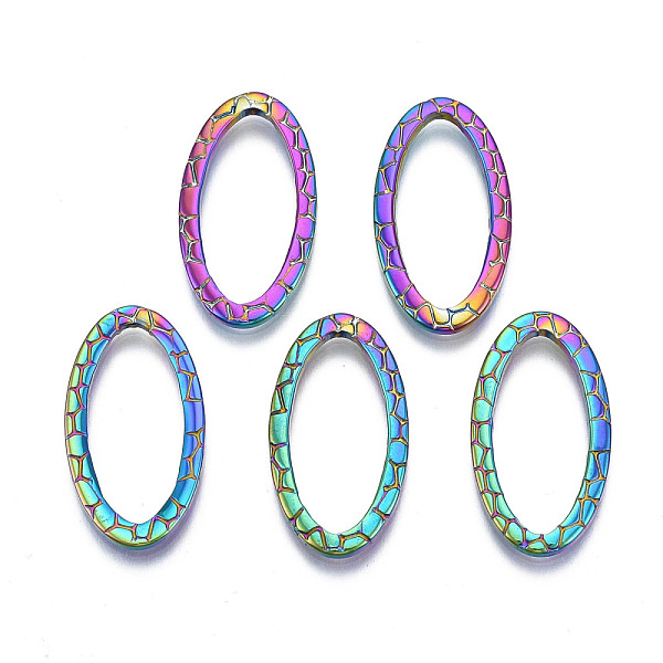 PandaHall Rack Plating 304 Stainless Steel Link Ring, Cadmium Free & Nickel Free & Lead Free, Textured Oval, Rainbow Color, 24x13x1.5mm...