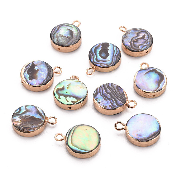 PandaHall Electroplated Natural Abalone Shell/Paua Pendants, with Golden Iron Findings and Half Drilled, Flat Round, 16.5x12.5x3.5mm, Hole...
