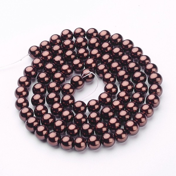 PandaHall Glass Pearl Beads Strands, Pearlized, Round, Saddle Brown, 10mm, Hole: 1mm, about 80pcs/strand, 30.71 inch(78cm) Glass Round Brown