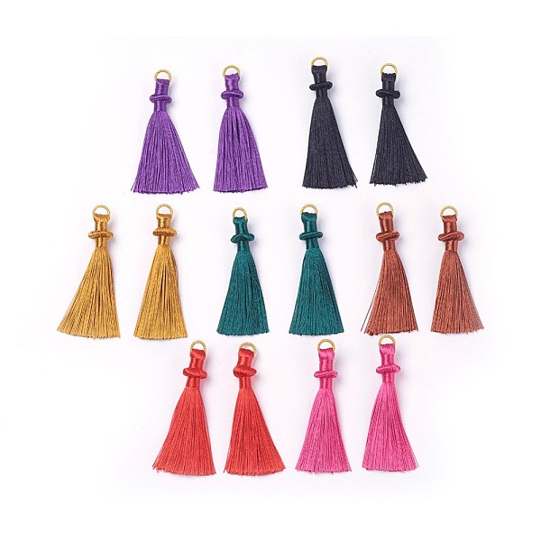 PandaHall Polyester Thread Tassels Big Pendant Decorations, with Aluminium Findings, Golden, Mixed Color, 73~83x13.5x10~10.5mm, Hole...