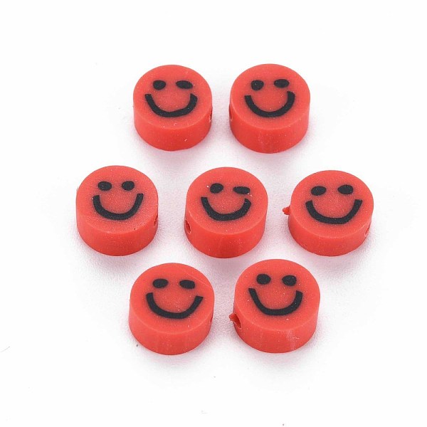 PandaHall Handmade Polymer Clay Beads, Flat Round with Smiling Face, Red, 8~9x4mm, Hole: 1.5mm Polymer Clay Flat Round Red