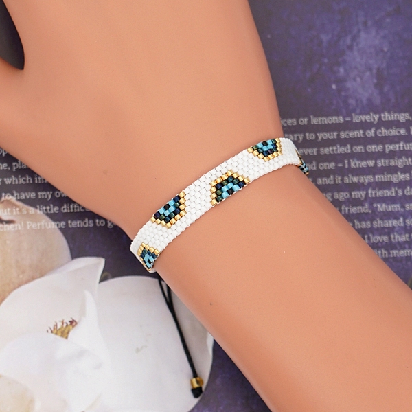 PandaHall Friendship Trapezoid Loom Pattern Seed Beads Bracelets for Women, Adjustable Nylon Cord Braided Bead Bracelets, White, 11 inch...