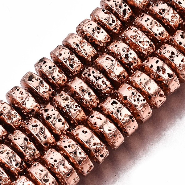 PandaHall Electroplated Natural Lava Rock Beads Strands, Heishi Beads, Flat Round/Disc, Bumpy, Rose Gold Plated, 8x4mm, Hole: 1.2mm, about...