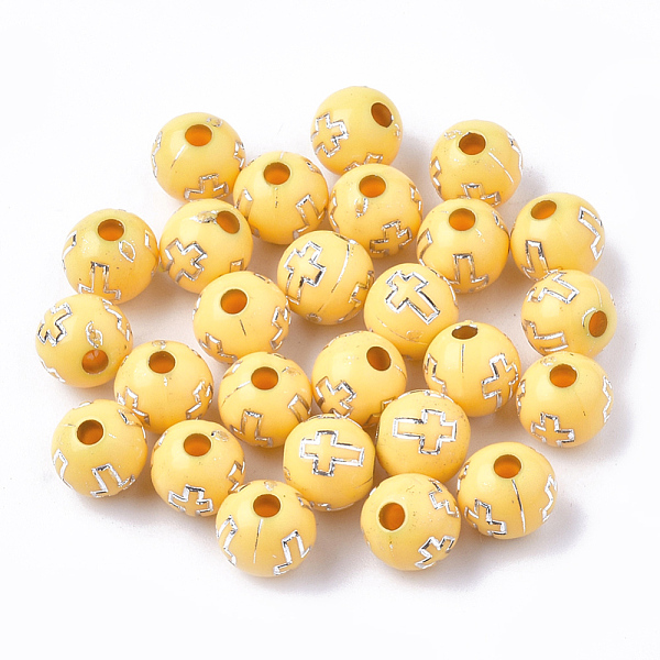 PandaHall Plating Acrylic Beads, Silver Metal Enlaced, Round with Cross, Gold, 8mm, Hole: 2mm, about 1800pcs/500g Acrylic Round Gold