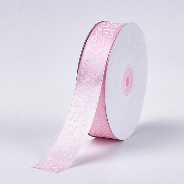 PandaHall Single Face Satin Ribbon, Polyester Ribbon, Flower Pattern, Pink, 1 inch(25mm), about 50yards/roll(45.72m/roll) Polyester Pink