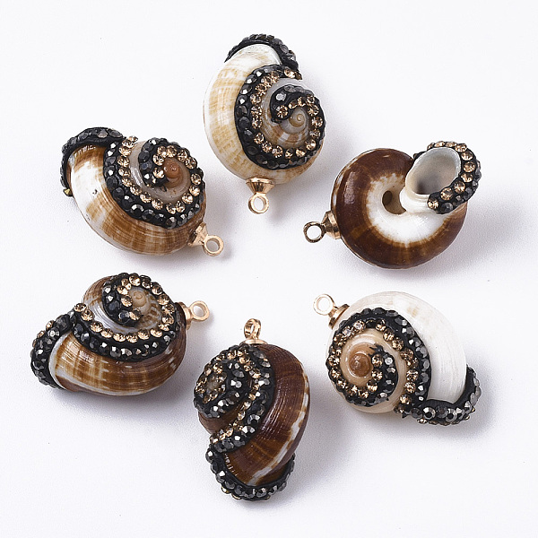 PandaHall Natural Spiral Shell Pendants, with Polymer Clay Rhinestone and Golden Plated Brass Loops, Saddle Brown, 23~24x15~16x12mm, Hole...