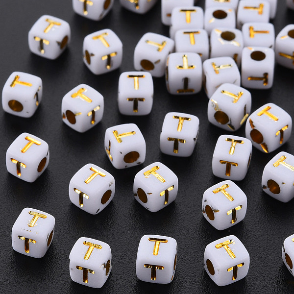 PandaHall Opaque White Acrylic Beads, Metal Enlaced, Cube with Letters, Letter.T, 4.5mm, Hole: 2mm, about 5000pcs/500g Acrylic Cube White
