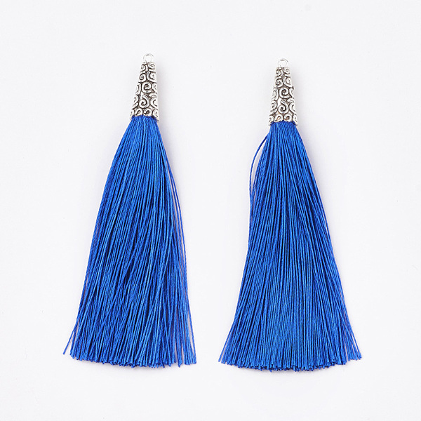 PandaHall Polyester Tassel Big Pendant Decorations, with Alloy Findings, Antique Silver, Blue, 90~96x8.5mm, Hole: 1.5mm Polyester Blue