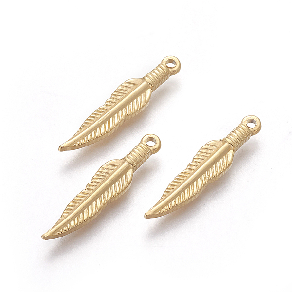 PandaHall Vacuum Plating 304 Stainless Steel Pendants, Feather, Golden, 28.5x6x2mm, Hole: 1.5mm 304 Stainless Steel Feather