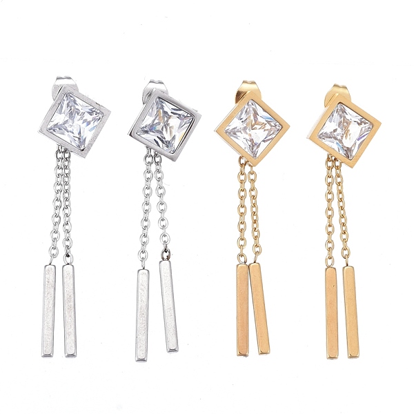 PandaHall 304 Stainless Steel Chain Tassel Earrings, with Ear Nuts and Cubic Zirconia, Bar & Rhombus, Mixed Color, 43mm, Pin: 0.7mm 304...