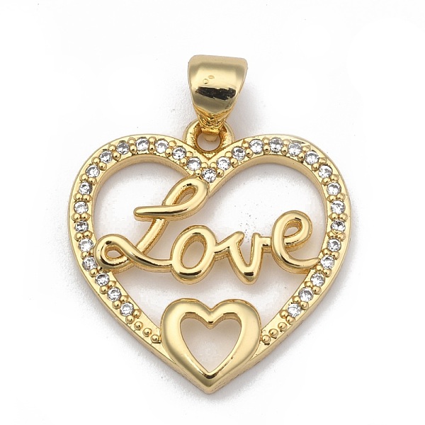 PandaHall Brass Micro Pave Clear Cubic Zirconia Pendants, for Valentine's Day, Long-Lasting Plated, Heart with Word Love, Real 18K Gold...