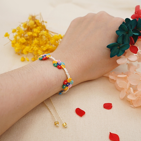 PandaHall Friendship Flower Loom Pattern Miyuki Seed Beads Bracelets for Women, Adjustable Nylon Cord Braided Bead Bracelets, Colorful, 11...