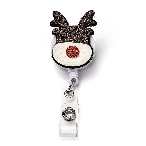 PandaHall Christmas Reindeer/Stag/Deer Glitter Powder Felt & ABS Plastic Badge Reel, Retractable Badge Holder, with Iron Alligator Clip...
