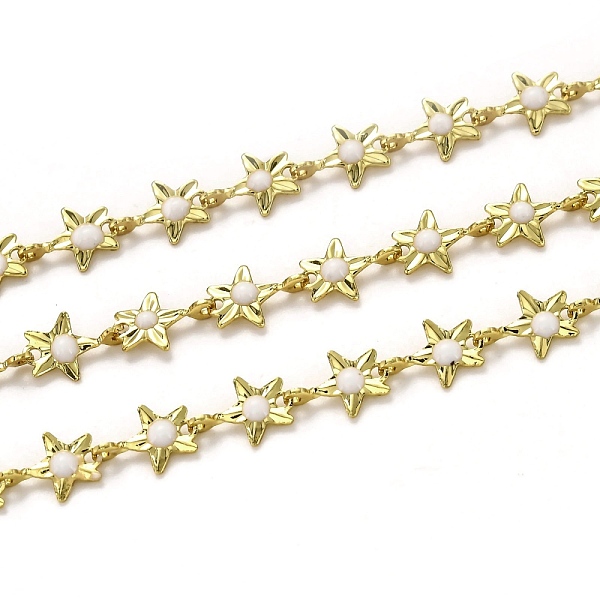 PandaHall Brass Link Chains, with Enamel, Spool, Long-Lasting Plated, Unwelded, Star, Golden, White, Link: 9x6.1x1.5mm Brass+Enamel White