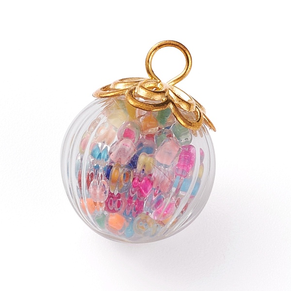 PandaHall Handmade Transparent Blown Glass Globe Pendants, with Glass Seed Beads inside, Alloy Bead Caps and Iron Eye Pin, Golden, Pink...