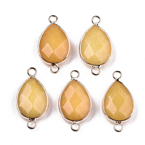 PandaHall Natural White Jade Links Connectors, with Light Gold Tone Brass Findings, Faceted Teardrop, Goldenrod, 27x14x6mm, Hole: 2mm White...