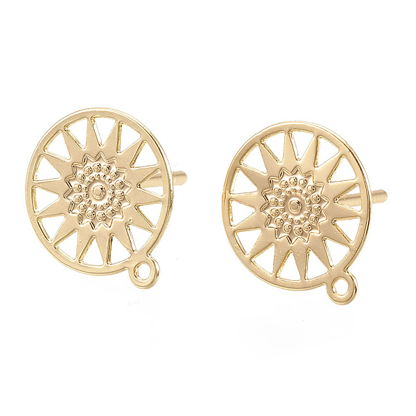 PandaHall Brass Stud Earring Findings, with Loop, Flat Round with Star, Real 18K Gold Plated, 11.5x10mm, Hole: 0.8mm, pin: 0.7mm Brass Flat...
