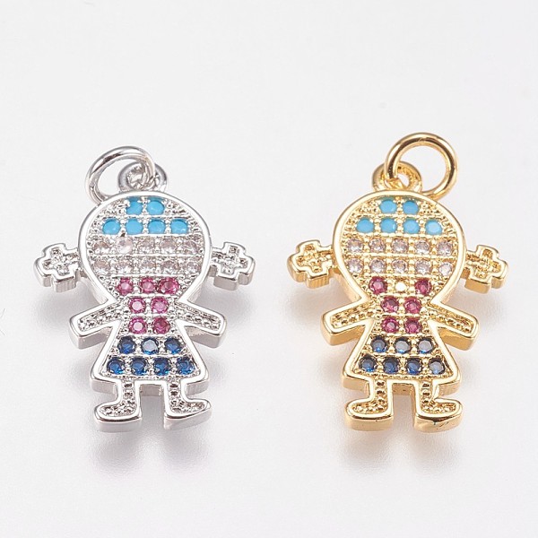 PandaHall Brass Micro Pave Cubic Zirconia Pendants, Girl, Mixed Color, 18.5x13.5x1.5mm, Hole: 2.5mm Brass+Cubic Zirconia Human Multicolor