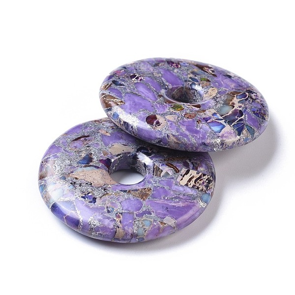 PandaHall Synthetic Silver Line and Regalite/Imperial Jasper/Sea Sediment Jasper Big Pendants, Donut/Pi Disc, Purple, Donut Width: 20mm...