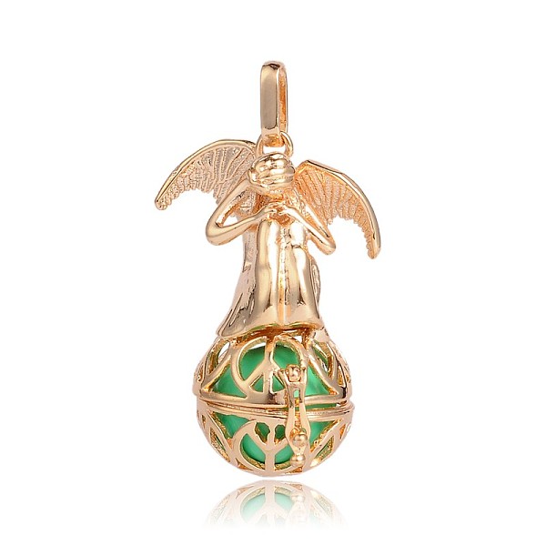 PandaHall Golden Plated Brass Hollow Round Cage Pendants, with No Hole Spray Painted Brass Round Beads, Angel, Medium Spring Green...