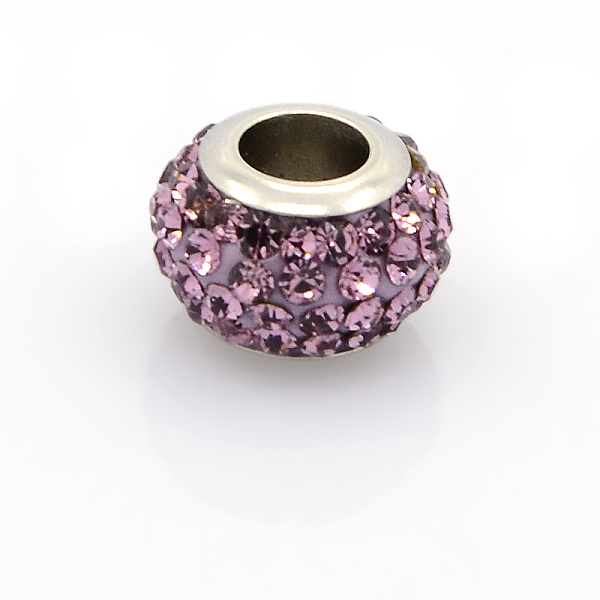 PandaHall 304 Stainless Steel Polymer Clay Rhinestone European Beads, Large Hole Rondelle Beads, Light Amethyst, 12.5x8mm, Hole: 5mm Polymer...