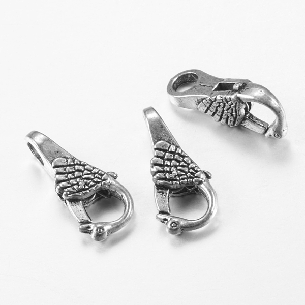 PandaHall Tibetan Style Alloy Lobster Claw Clasps, Peacock, Cadmium Free & Lead Free, Antique Silver, 25x11.5x7mm, Hole: 5mm Alloy Peacock